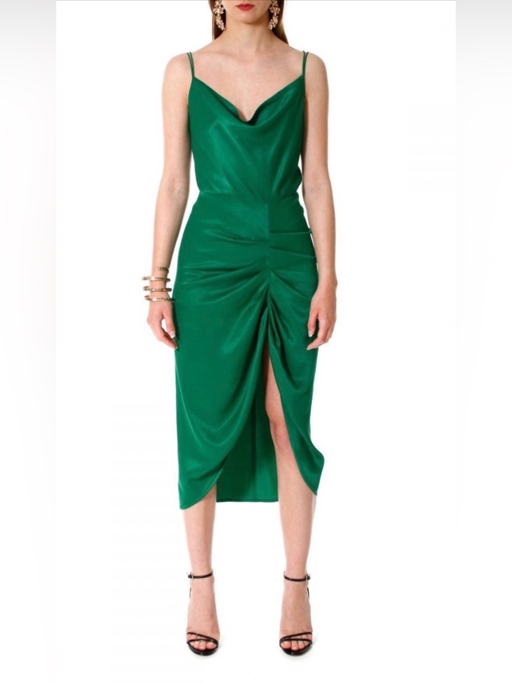 Emerald Green Cowl Neck Midi Satin Dress with Front Ruched Slit